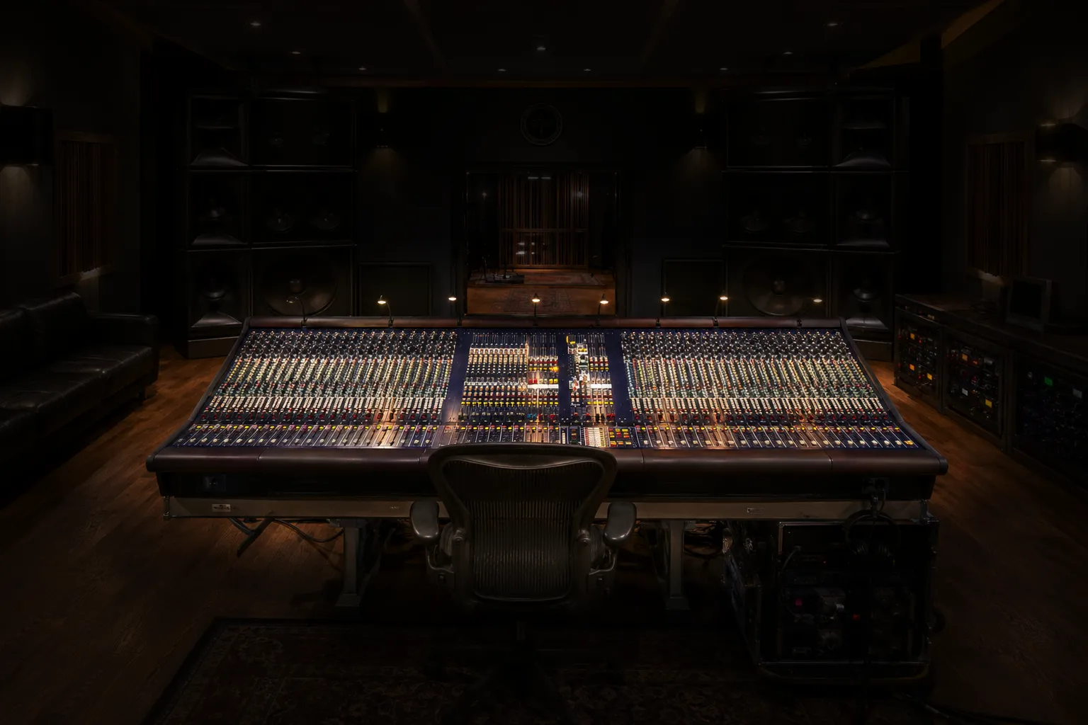 Regieraum des Tonstudios Oldiethek mit großem Midas-Heritage-Mischpult, Studiomonitoren und warmem Licht